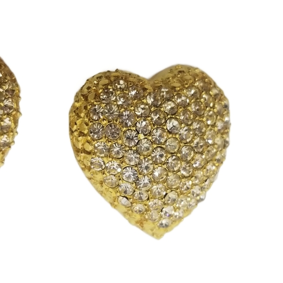VINTAGE 1980S LARGE GOLDTONE & PAVE CRYSTAL HEART CLIP ON EARRINGS - Picture 5 of 6
